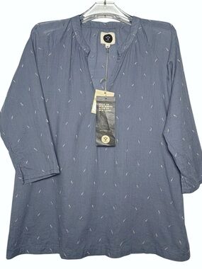 BSBEE Top Blue Embroidered Monroe XS Floral 100% Khadi Oversized V-Neck NWT